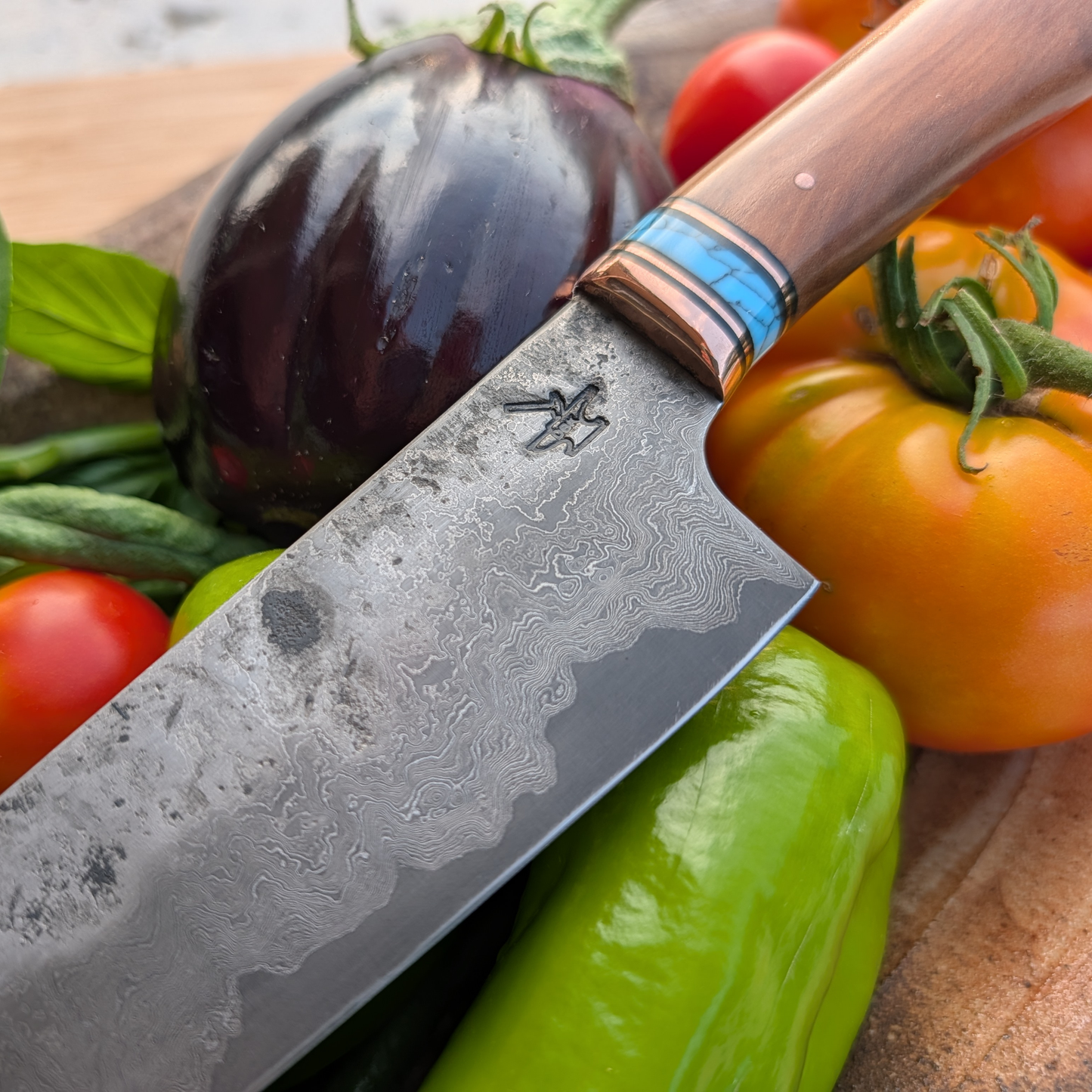 216mm Western Kitchen Knife, Mahagony, Copper & Turquoise