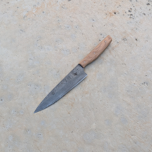 140mm Petty knife, Damascus Clad, Oak handle