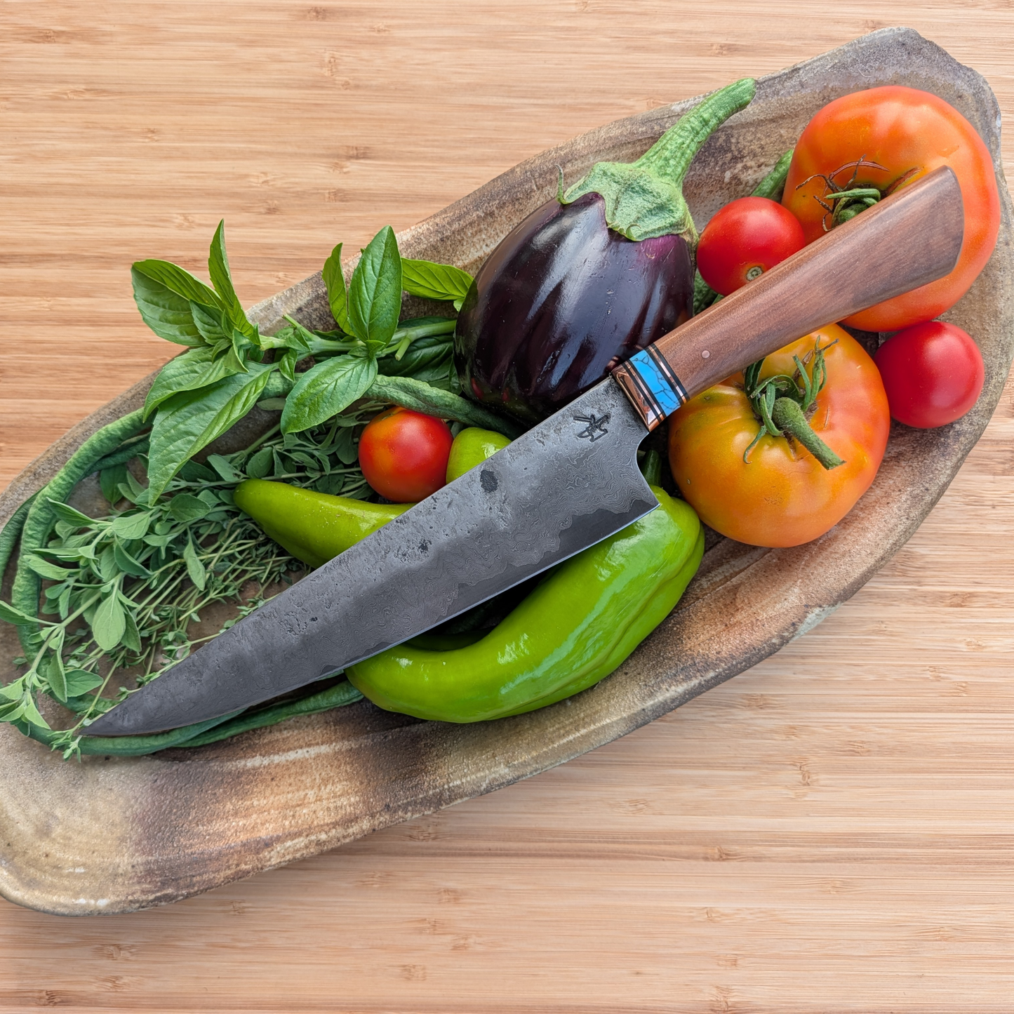 216mm Western Kitchen Knife, Mahagony, Copper & Turquoise
