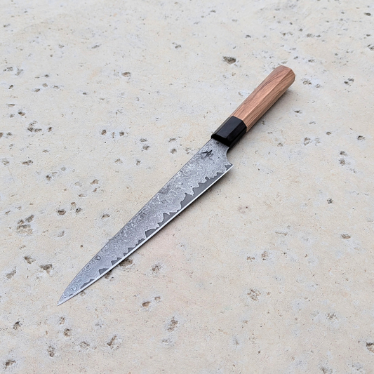Sujihiki 205mm, Damascus  San-mai, Olive Handle #Suj5703